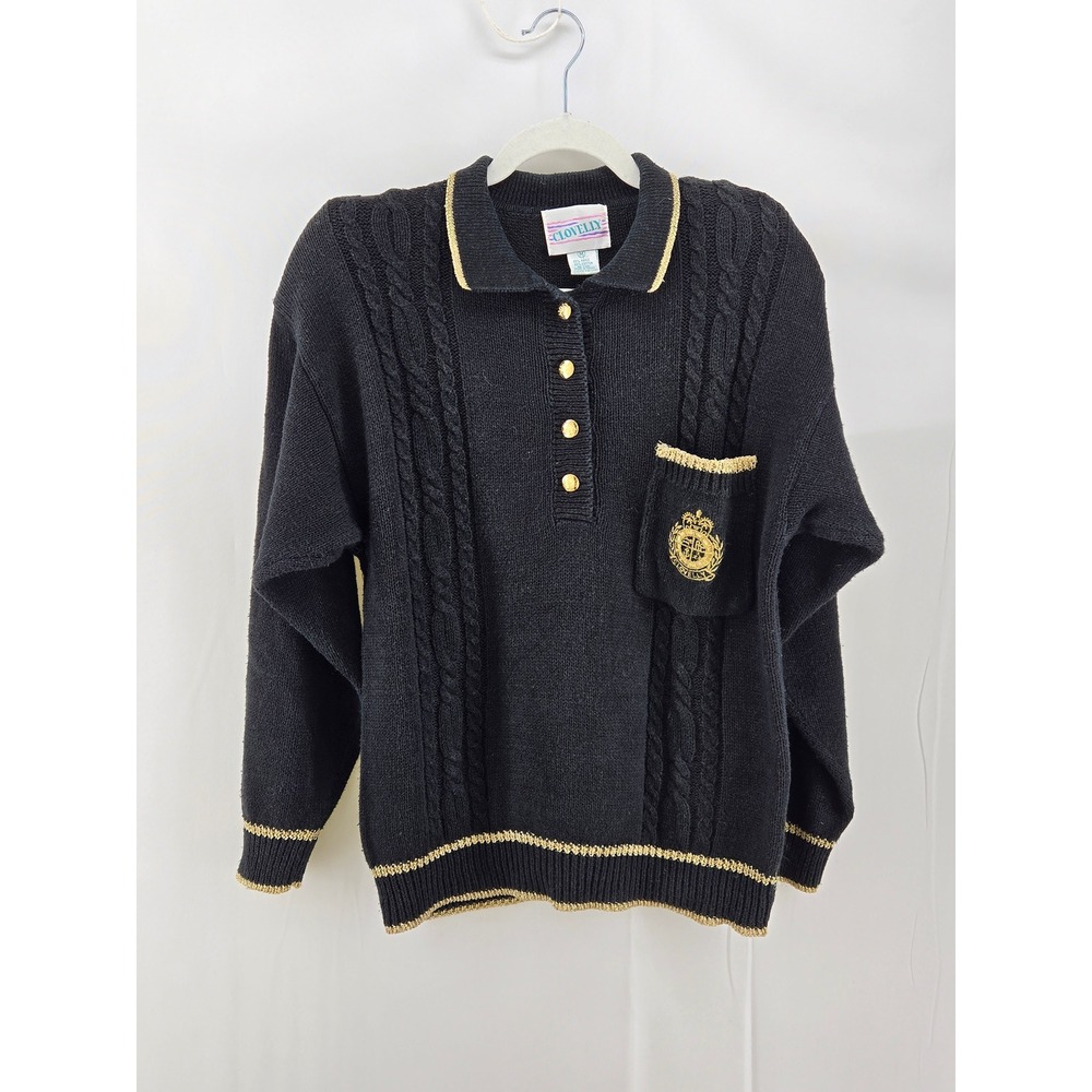 Vintage 90s Clovelly Black Cable Knit Polo Sweater Gold Crest Medium